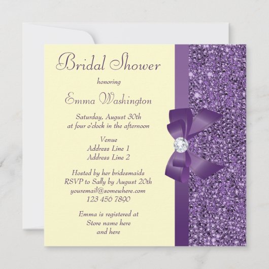 Lila Imitatsequins-Bogen-Diamant-Brautparty Einladung (Rückseite)