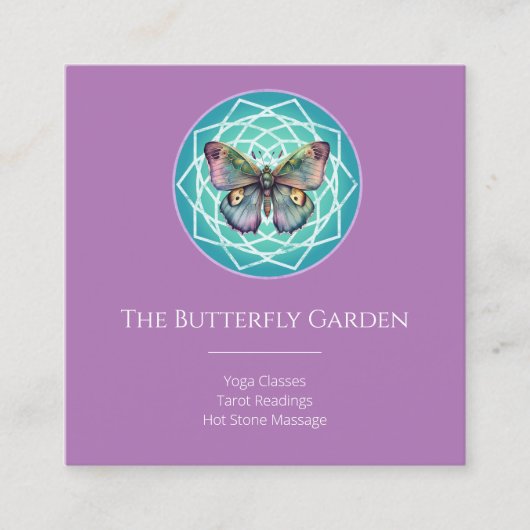Lila Indigo Butterfly Mystical Mandala Türkis Quadratische Visitenkarte (Vorderseite)