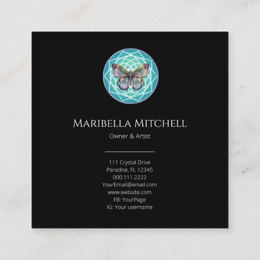 Lila Indigo Butterfly Mystical Mandala Türkis Quadratische Visitenkarte (Rückseite)