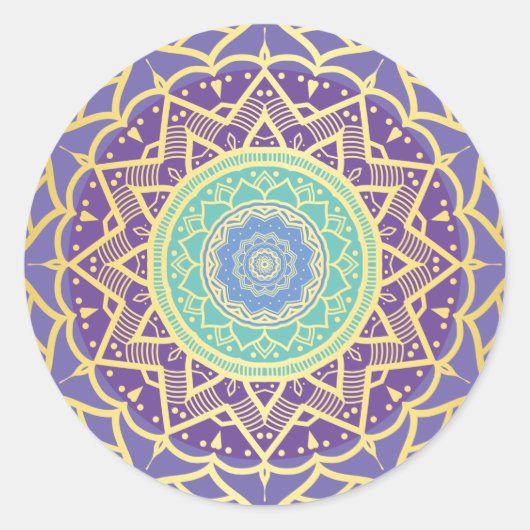 Lila Indigo Gold Turquoise Mandala Bohemisch Runder Aufkleber (Vorderseite)