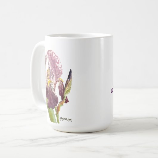 Lila Iris Aquarell Blume und Sprichwort Kaffeetasse (Vorderseite Links)