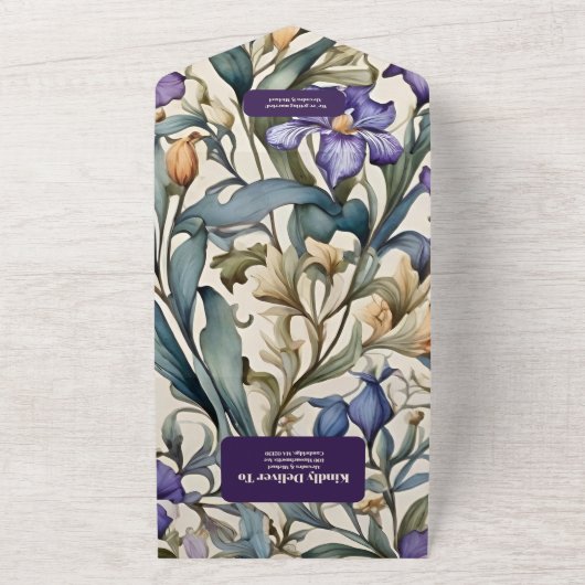 Lila Iris Art Nouveau Hochzeit All In One Einladung (Außenbereich)