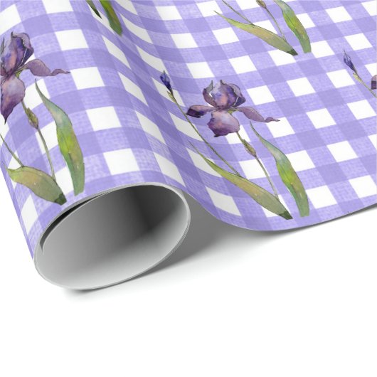 Lila Iris auf Gingham Wrapping Paper Geschenkpapier (Rolleneckpunkt)
