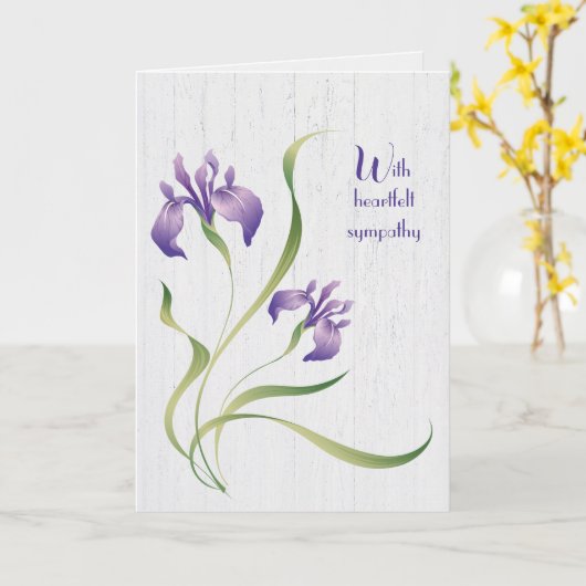 Lila Iris auf Holz Beileid Karte (Gelbe Blume)