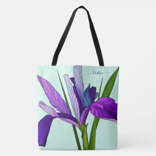Lila Iris auf Minze, Personalisierte Blüte Tasche (Vorderseite)