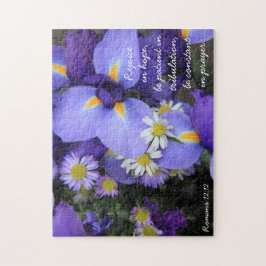 Lila Iris, Bibelverse über Hoffnung, Römer 12:12 Puzzle