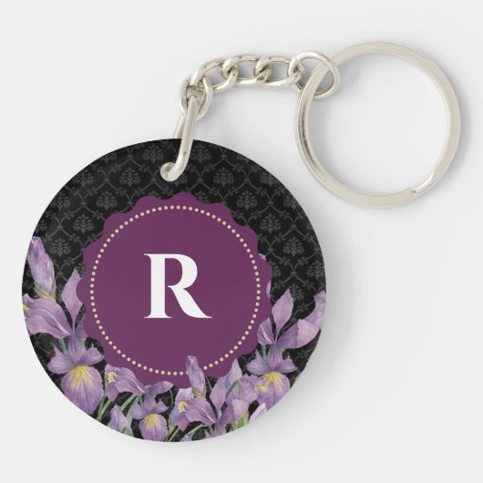 Lila Iris Black Damask Monogram Schlüsselanhänger (Rückseite)
