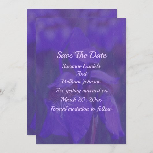 Lila Iris-Blume Hochzeit Save The Date (Vorne/Hinten)