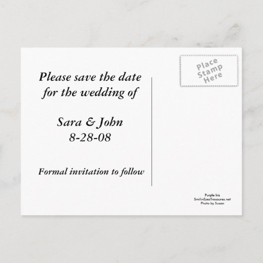 Lila Iris-Blume Hochzeit speichert das Datum Ankündigungspostkarte (Rückseite)