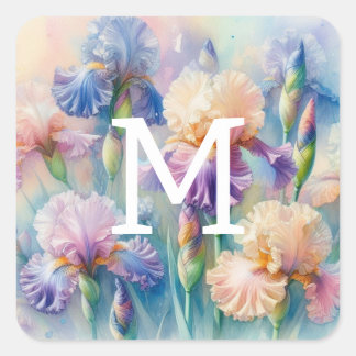 Lila Iris-Blume in Monogramm Quadratischer Aufkleber