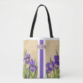 Lila Iris Blume Monogram Imitate Burlap Jute Tasche (Vorderseite)