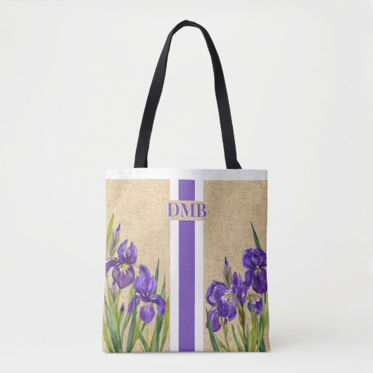 Lila Iris Blume Monogram Imitate Burlap Jute Tasche (Vorderseite)
