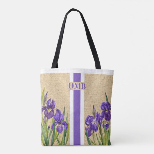 Lila Iris Blume Monogram Imitate Burlap Jute Tasche (Rückseite)
