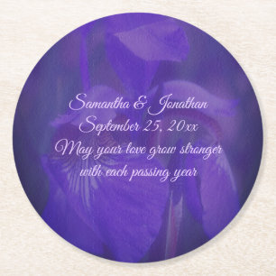Lila Iris Blume Personalisiert Hochzeit Runder Pappuntersetzer
