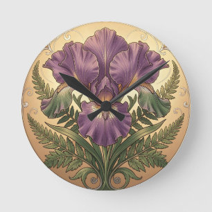 Lila Iris-Blumenkunst im Jugendstil mit aufwendige Runde Wanduhr