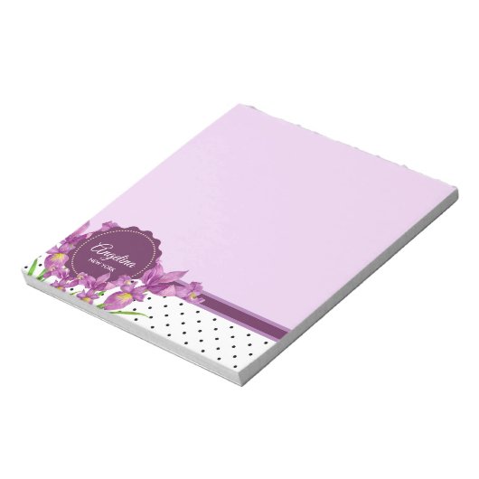 Lila Iris Botanical Floral Polka Dots Notizblock (Rotiert)