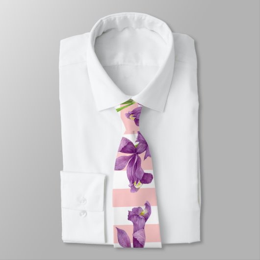 Lila Iris Botanischer Blumenrosa Streifen Krawatte (Gebunden)