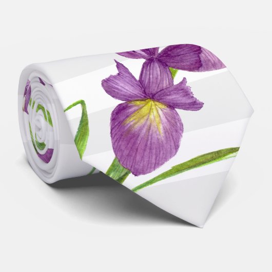 Lila Iris Botanischer Blumenstrauß Streifen Krawatte (Gerollt)