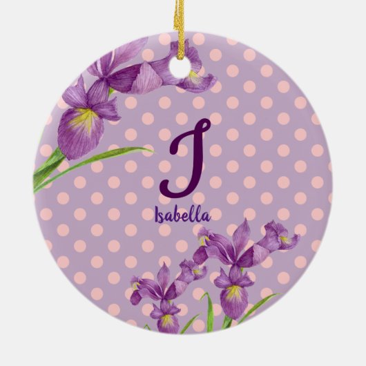 Lila Iris Botanisches Monogramm Keramikornament (Hinten)