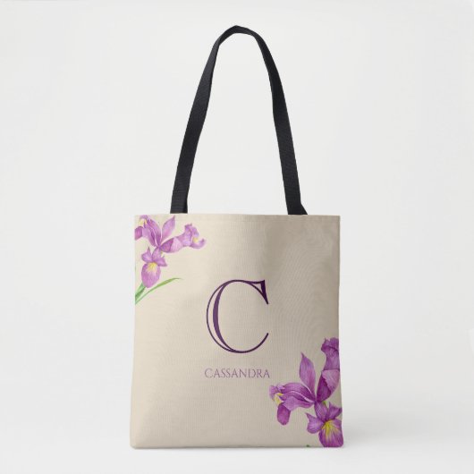 Lila Iris Botanisches Monogramm Tasche (Vorderseite)