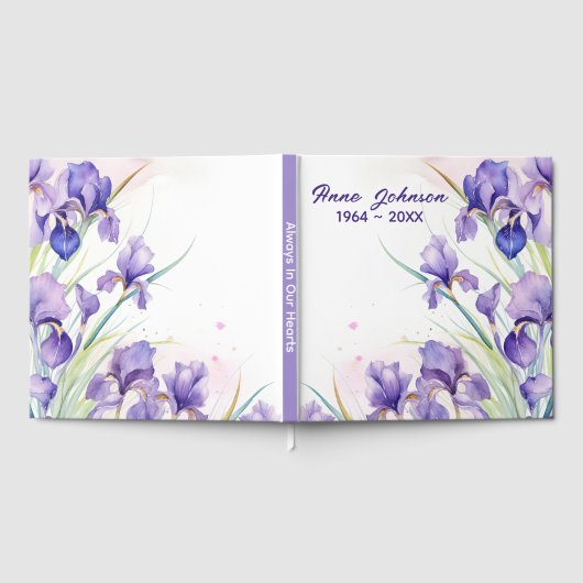 Lila Iris Bouquet auf Weiß Gästebuch (Voll)