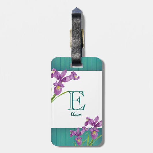 Lila Iris Floral Art Monogram Gepäckanhänger (Rückseite vertikal)