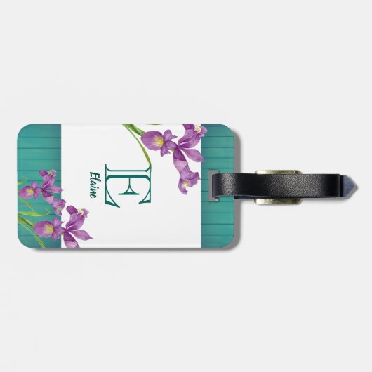 Lila Iris Floral Art Monogram Gepäckanhänger (Rückseite horizontal)