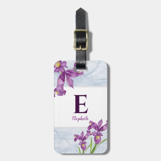 Lila Iris floral Organza Monogramm Gepäckanhänger (Vorderseite vertikal)