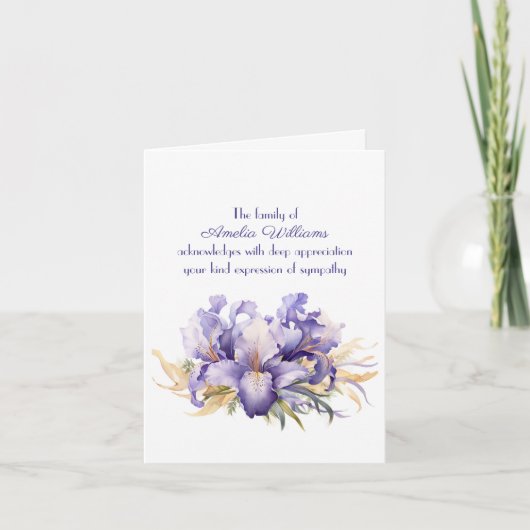 Lila Iris für Beileid Danke von der Familie Karte (Vorderseite)