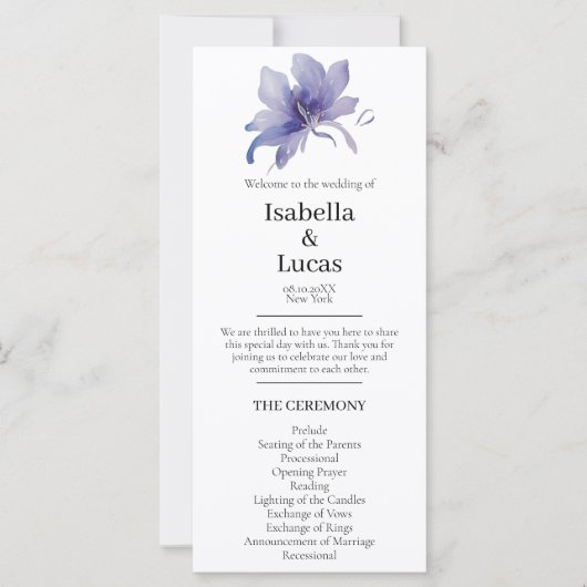 Lila Iris-Hochzeitsprogramm (Vorderseite)