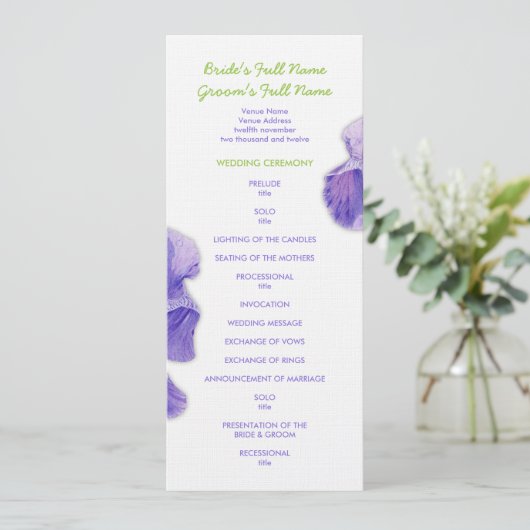 Lila Iris-Hochzeitsprogramm Programm (Stehend Vorderseite)
