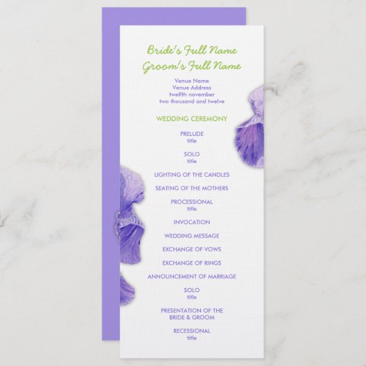 Lila Iris-Hochzeitsprogramm Programm (Vorne/Hinten)