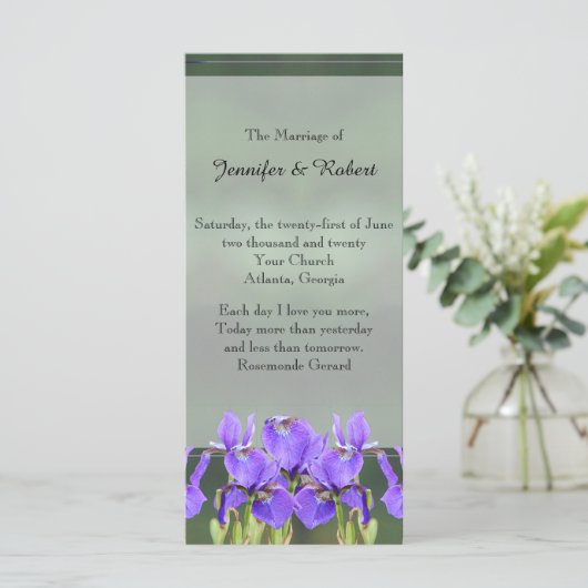 Lila Iris-Hochzeitsprogramm Programm (Stehend Vorderseite)