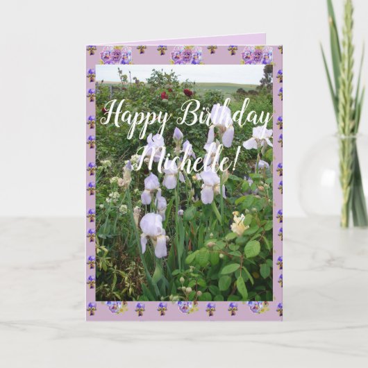 Lila Iris irises Garden Happy Birthday Name Card Karte (Vorderseite)