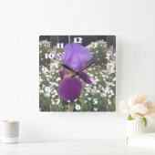 Lila Iris Irises White Daisy Garden Blume Quadratische Wanduhr (Zuhause)