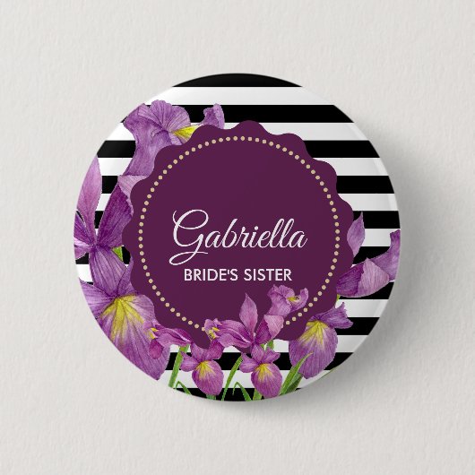 Lila Iris-Muster für Schwarz-weiße Streifen Button (Vorderseite)