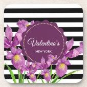 Lila Iris-Muster für Schwarz-weiße Streifen Getränkeuntersetzer (Vorderseite)