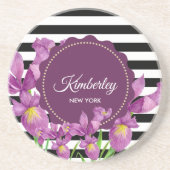 Lila Iris-Muster für Schwarz-weiße Streifen Getränkeuntersetzer (Vorne)