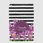 Lila Iris-Muster für Schwarz-weiße Streifen Golfhandtuch (Vorderseite)
