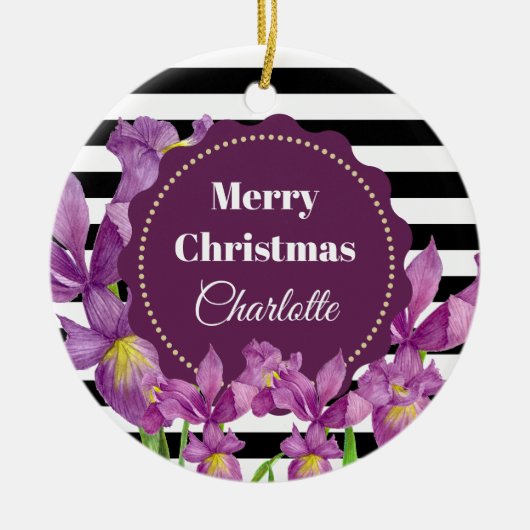 Lila Iris-Muster für Schwarz-weiße Streifen Keramik Ornament (Vorne)