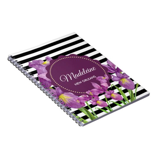 Lila Iris-Muster für Schwarz-weiße Streifen Notizblock (Rechte Seite)