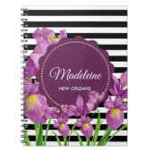 Lila Iris-Muster für Schwarz-weiße Streifen Notizblock (Vorderseite)