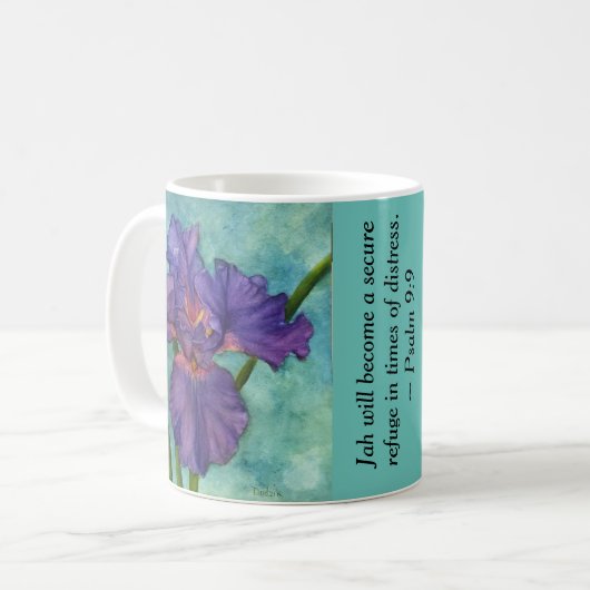 Lila Iris Scriptural Encourement JW Kaffeetasse (Vorderseite Links)