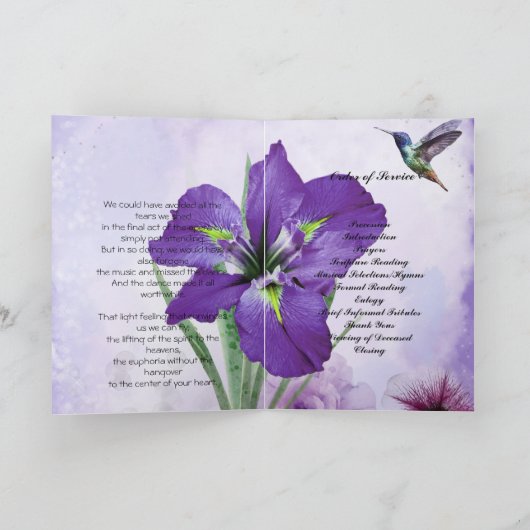 Lila Iris u. Kolibri-Begräbnis-Programm Programm (Innenseite)