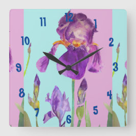 Lila Iris Watercolor-Frauen Bürouhr Quadratische Wanduhr
