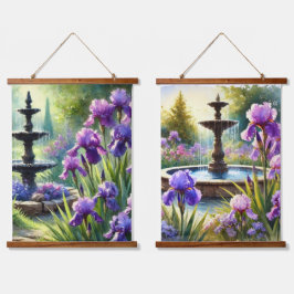 Lila Irische Blume und Brunnen Wandteppich Mit Holzrahmen