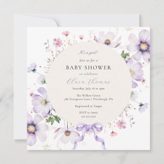 Lila ist eine Girl Floral Bow Baby Dusche Einladung (Vorderseite)