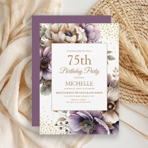 Lila Ivory Florall Gold Glitzer 75. Geburtstag Einladung