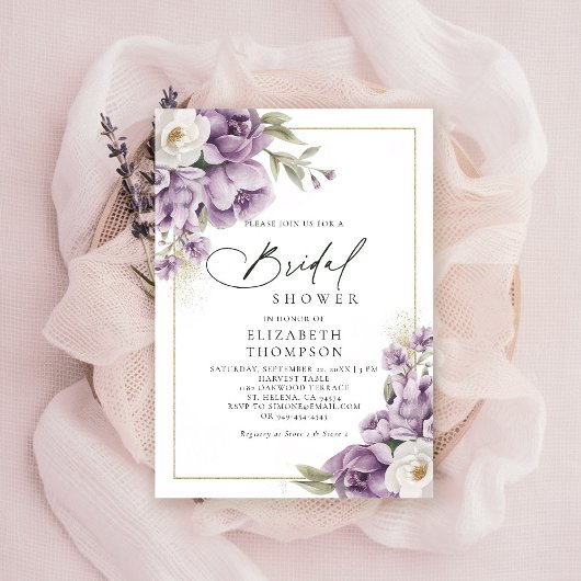 Lila Ivory Gold Floral Elegantes Brautparty Einladung