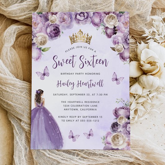 Lila Ivory Gold Floral Wasserfarbe Süß 16 Einladung